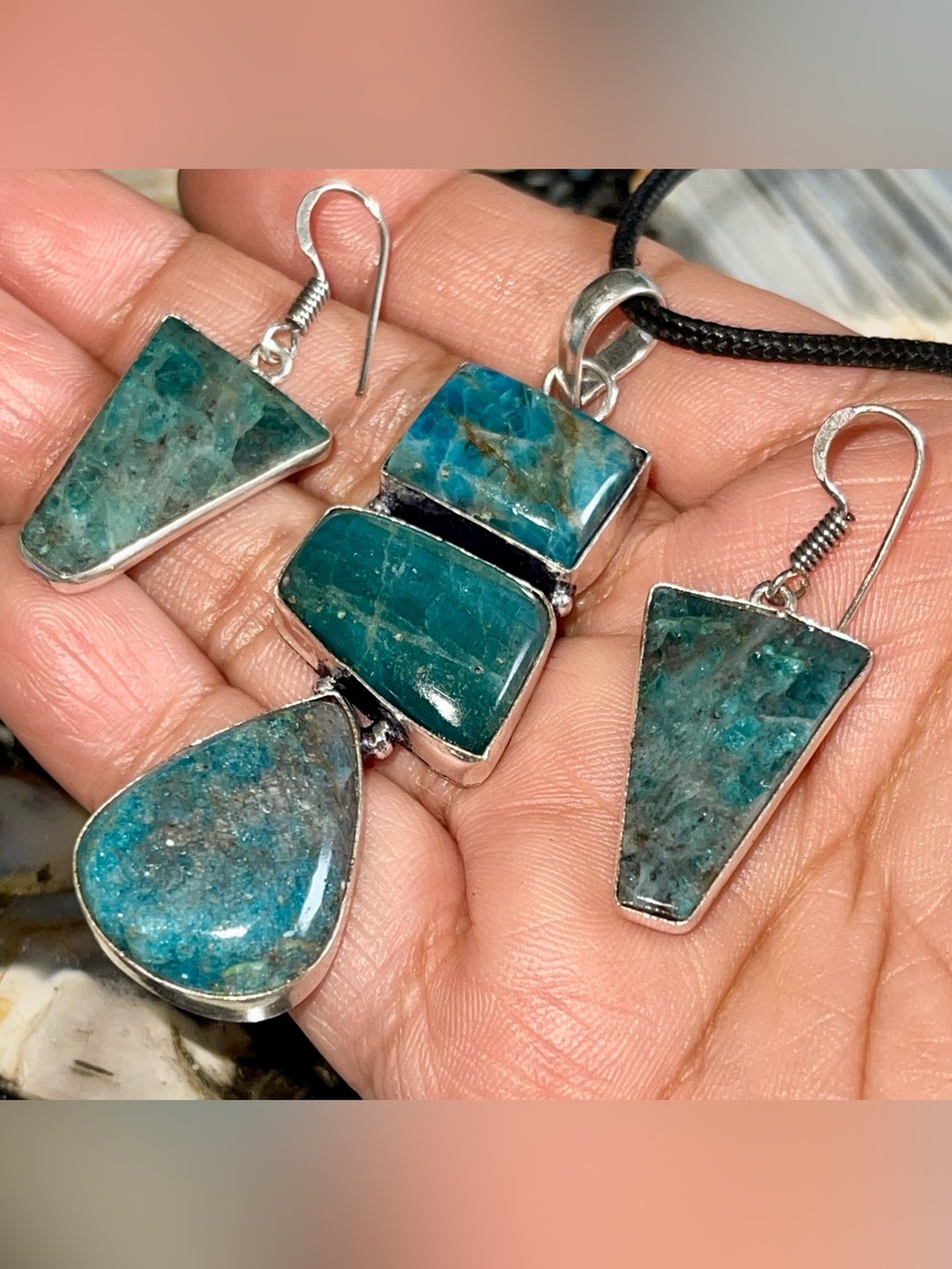 Blue Apatite Pendant & Earrings Set